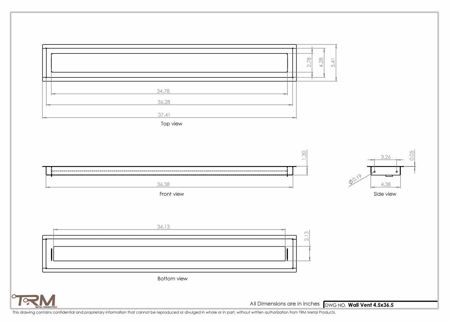 4.5x36.5 - Wall Vent - Modern Vent Cover -  Return Air Vent - TRM Metal  36.5x4.5
