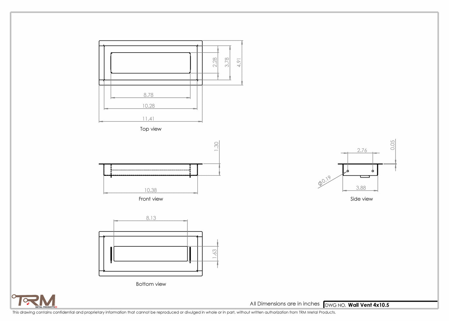 4x10.5 - Wall Vent - Modern Vent Cover -  Return Air Vent - TRM Metal  10.5x4
