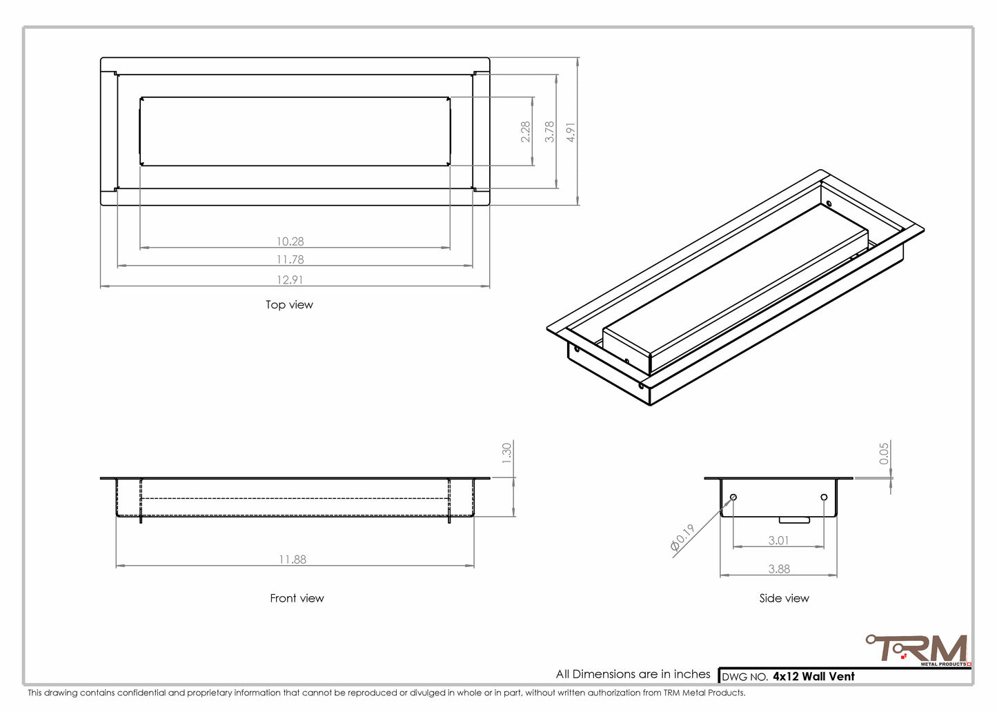 4x12 - Wall Vent - Modern Vent Cover -  Return Air Vent - TRM Metal (12x4)