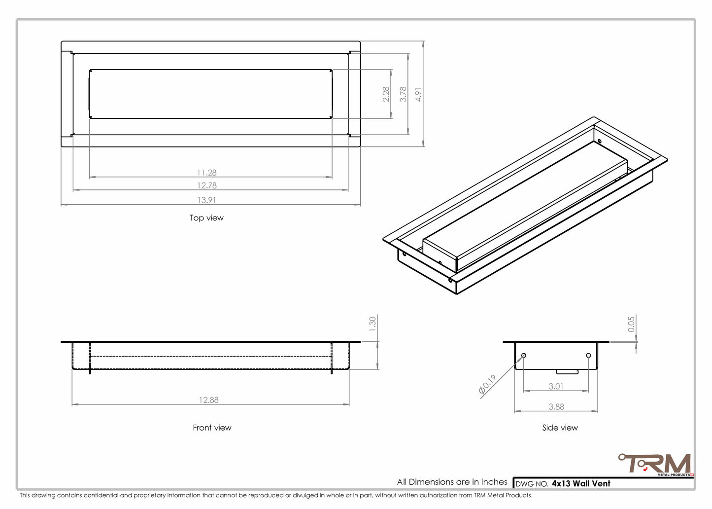4x13 - Wall Vent - Modern Vent Cover -  Return Air Vent - TRM Metal (13x4)