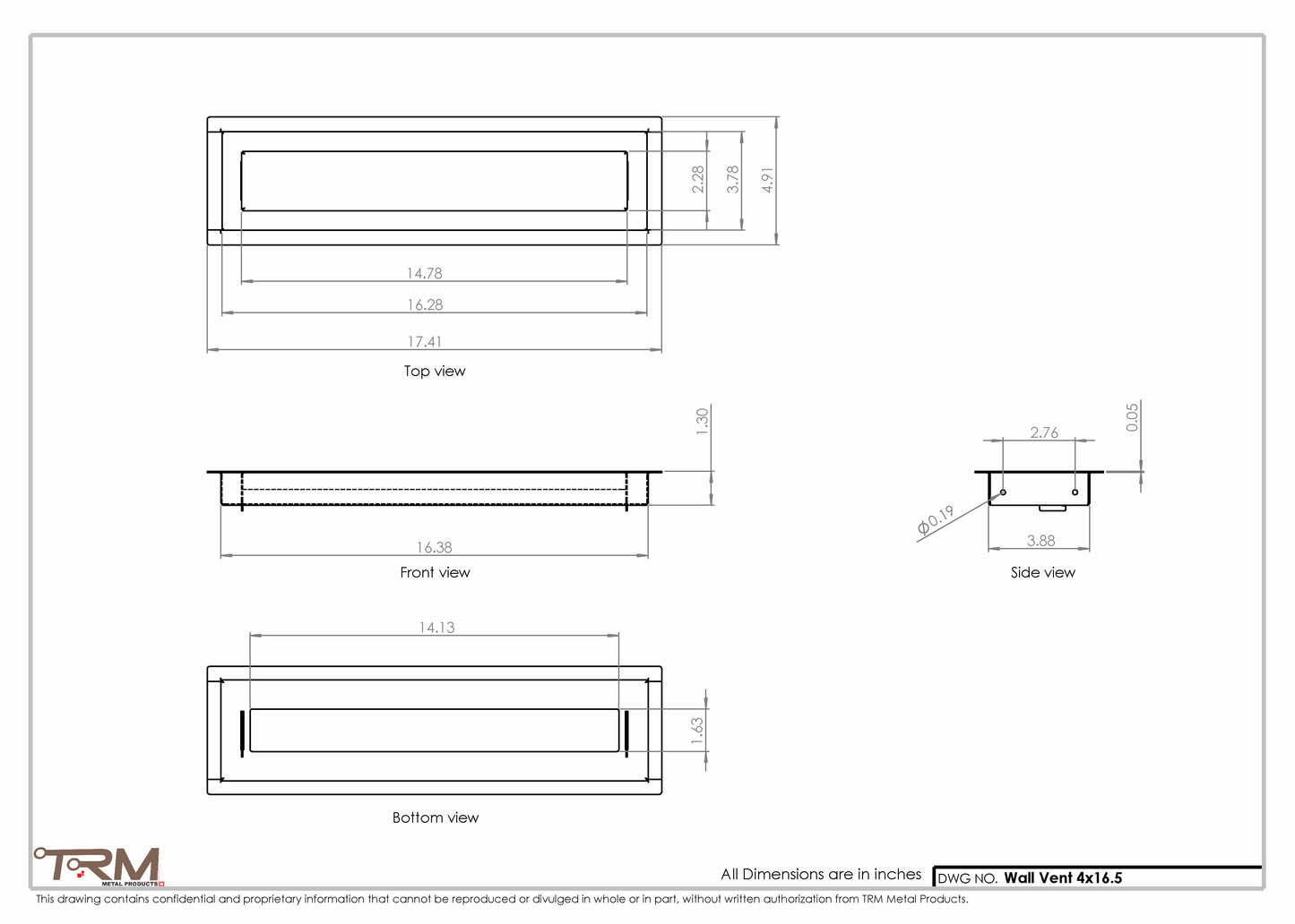 4x16.5 - Wall Vent - Modern Vent Cover -  Return Air Vent - TRM Metal  16.5x4