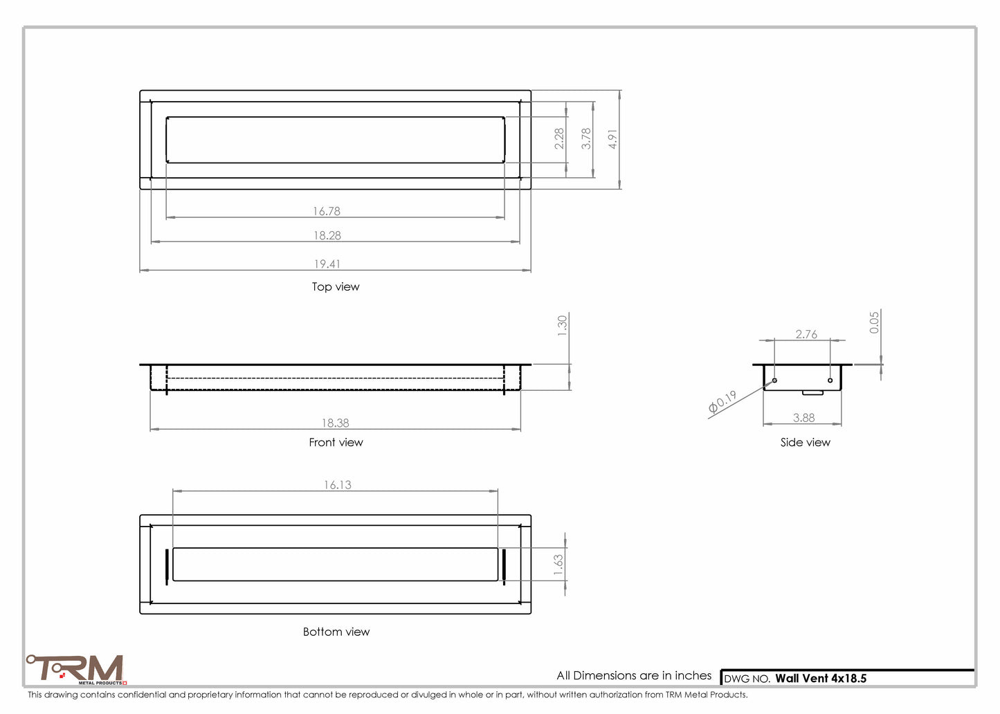 4x18.5 - Wall Vent - Modern Vent Cover -  Return Air Vent - TRM Metal  18.5x4