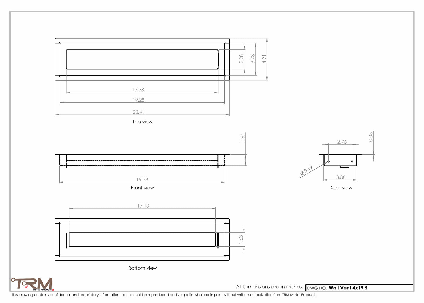 4x19.5 - Wall Vent - Modern Vent Cover -  Return Air Vent - TRM Metal  19.5x4