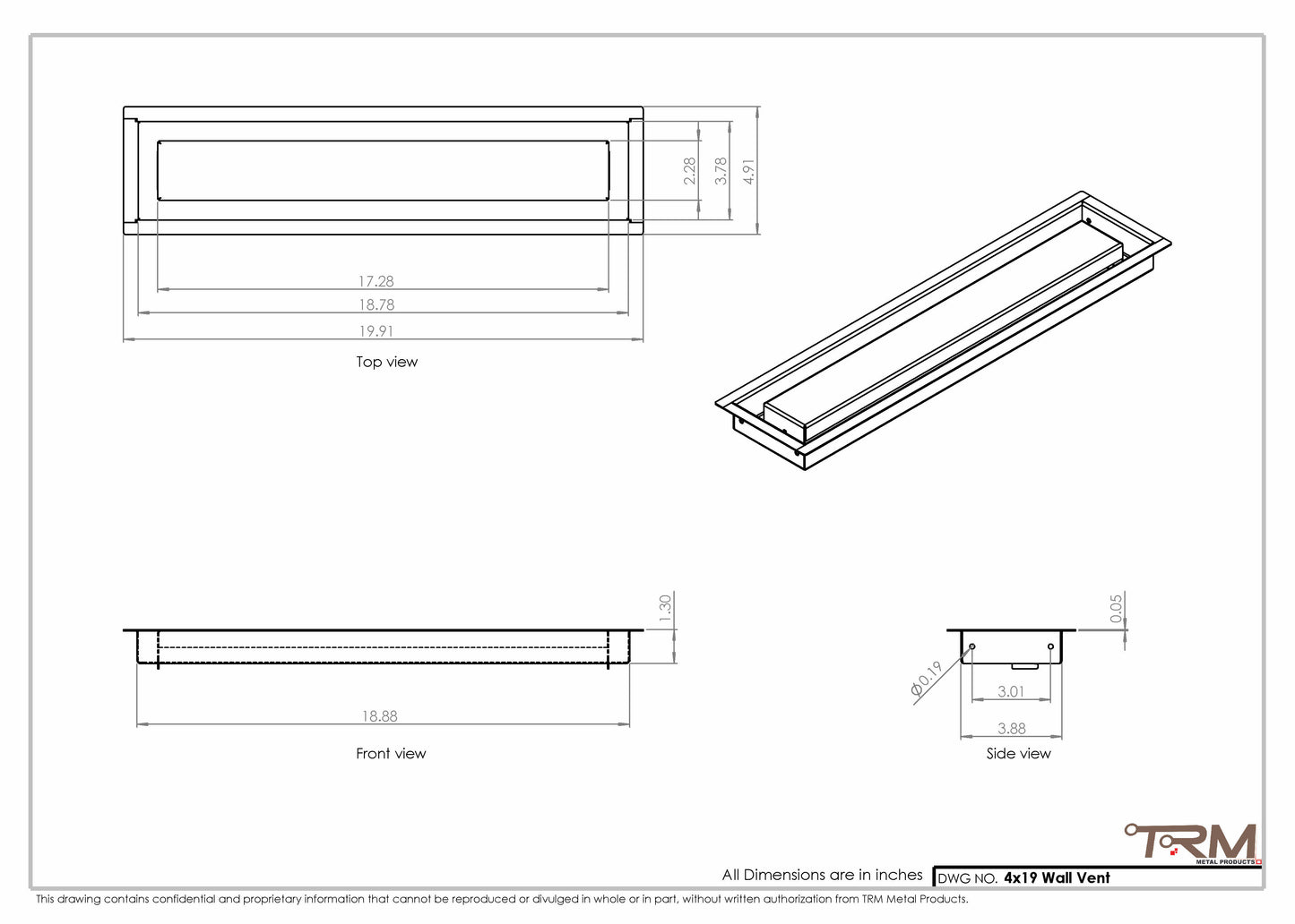 4x19 - Wall Vent - Modern Vent Cover -  Return Air Vent - TRM Metal (19x4)