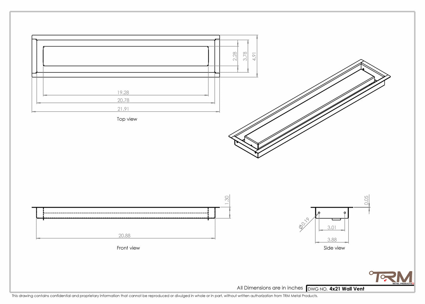 4x21 - Wall Vent - Modern Vent Cover -  Return Air Vent - TRM Metal (21x4)