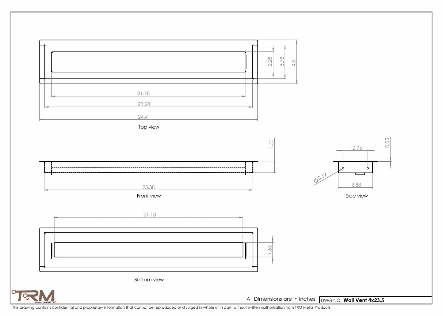 4x23.5 - Wall Vent - Modern Vent Cover -  Return Air Vent - TRM Metal  23.5x4