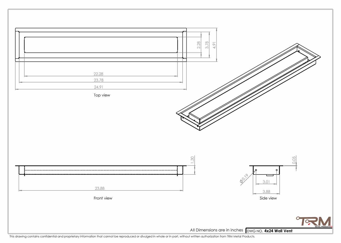 4x24 - Wall Vent - Modern Vent Cover -  Return Air Vent - TRM Metal (24x4)