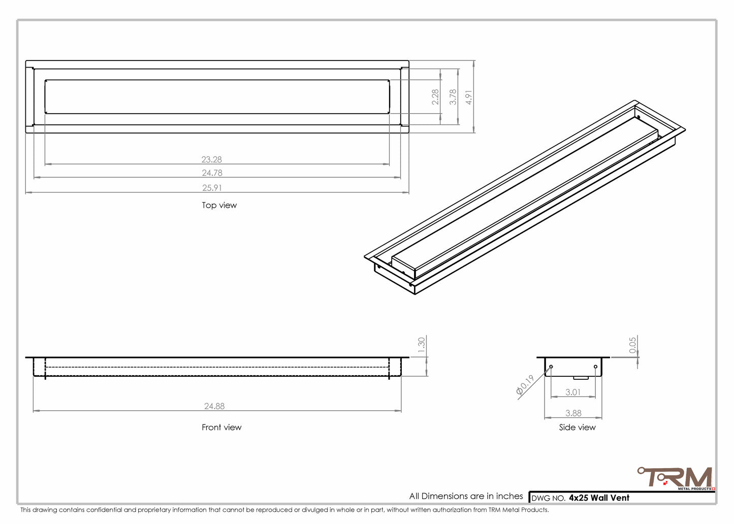4x25 - Wall Vent - Modern Vent Cover -  Return Air Vent - TRM Metal (25x4)