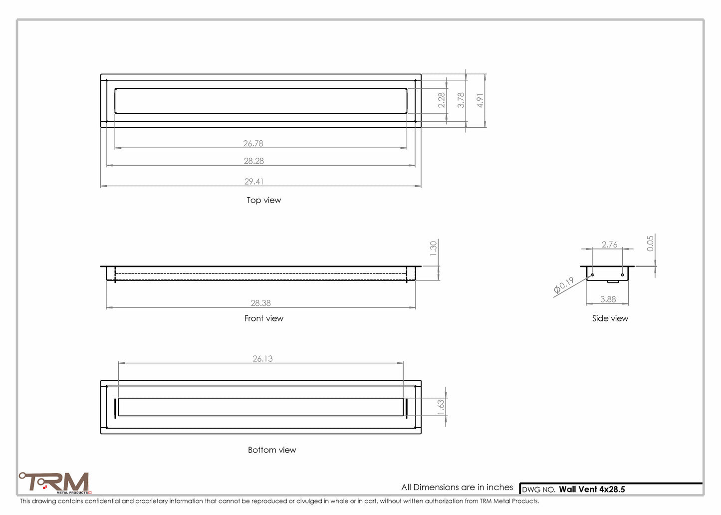 4x28.5 - Wall Vent - Modern Vent Cover -  Return Air Vent - TRM Metal  28.5x4