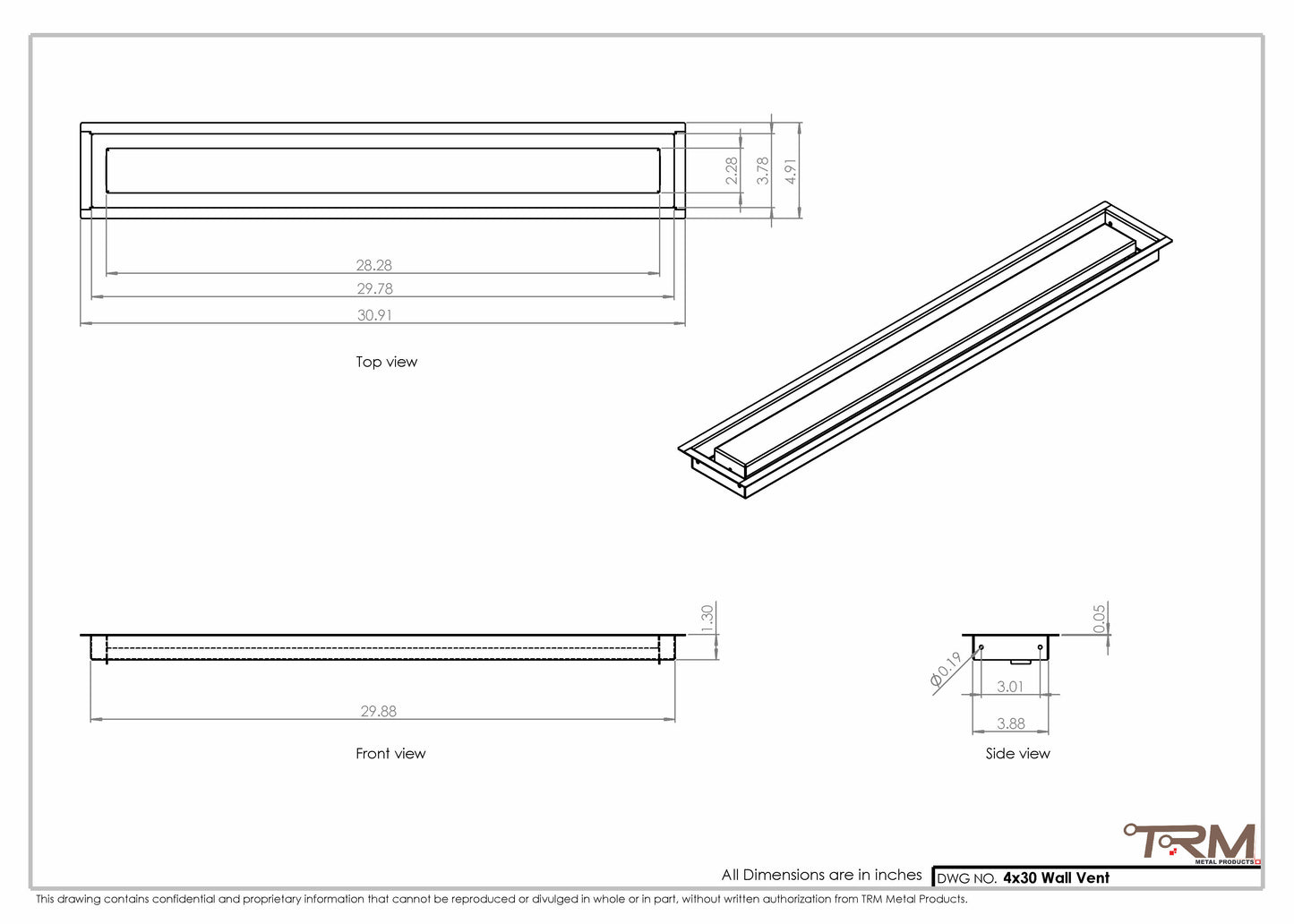 4x30 - Wall Vent - Modern Vent Cover -  Return Air Vent - TRM Metal (30x4)