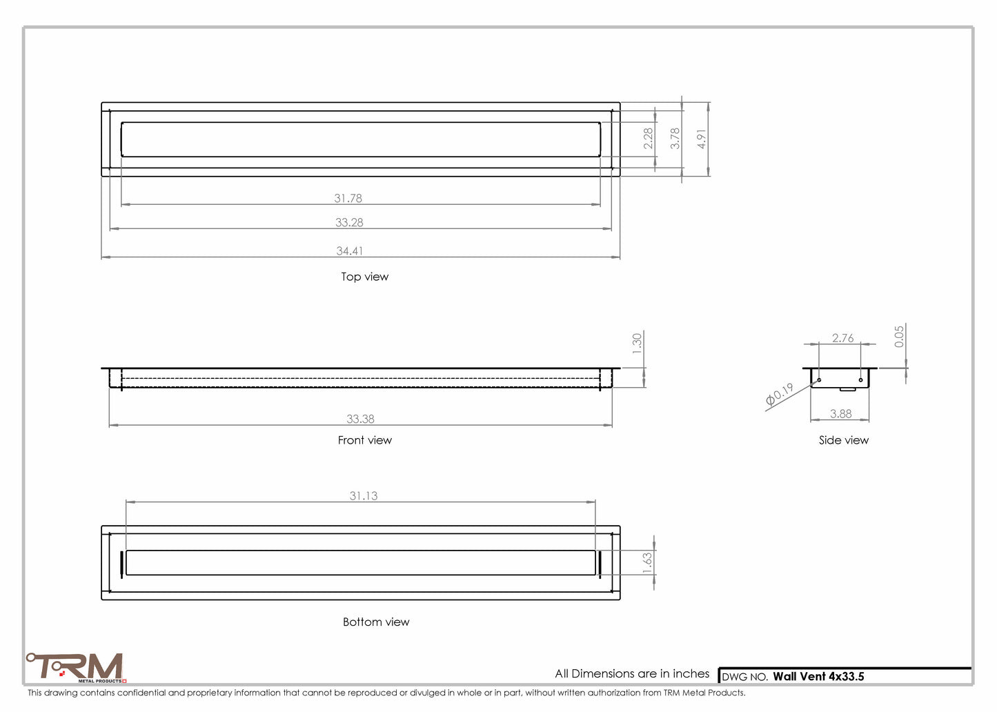 4x33.5 - Wall Vent - Modern Vent Cover -  Return Air Vent - TRM Metal  33.5x4