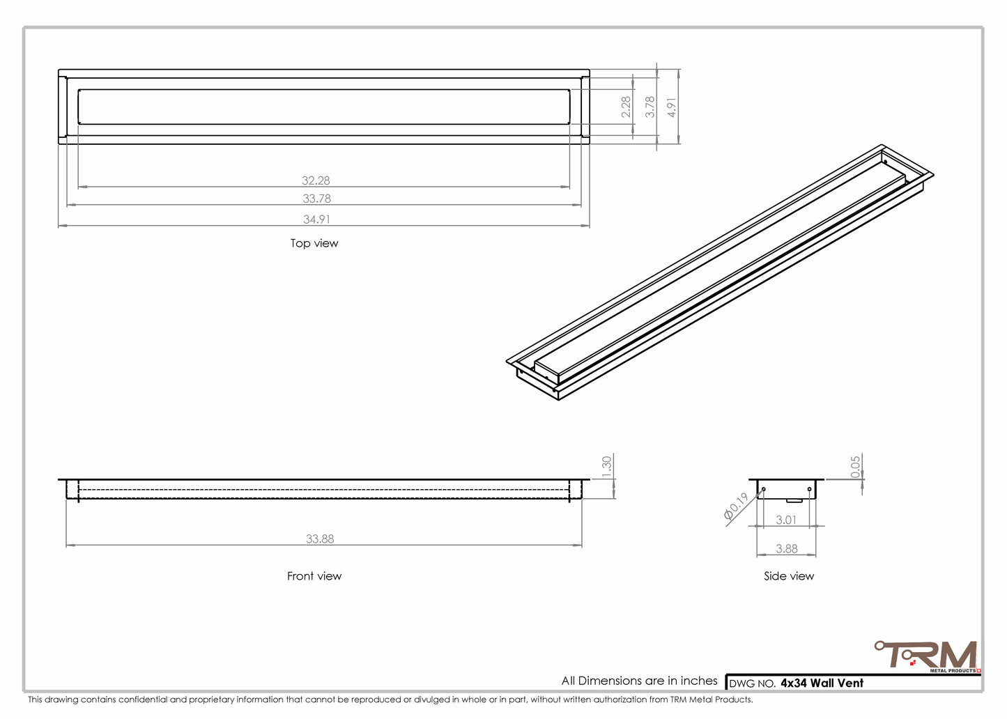 4x34 - Wall Vent - Modern Vent Cover -  Return Air Vent - TRM Metal (34x4)