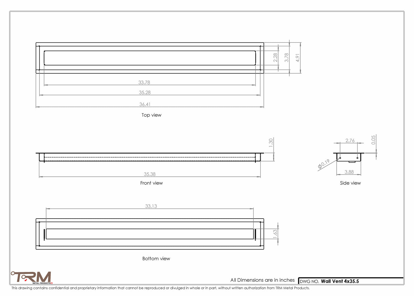4x35.5 - Wall Vent - Modern Vent Cover -  Return Air Vent - TRM Metal  35.5x4