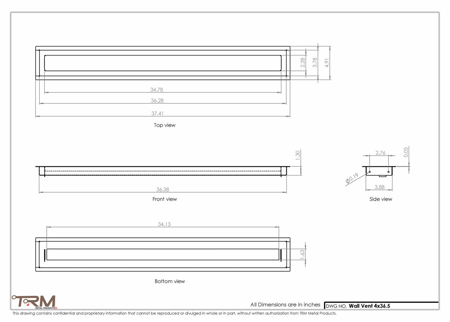 4x36.5 - Wall Vent - Modern Vent Cover -  Return Air Vent - TRM Metal  36.5x4