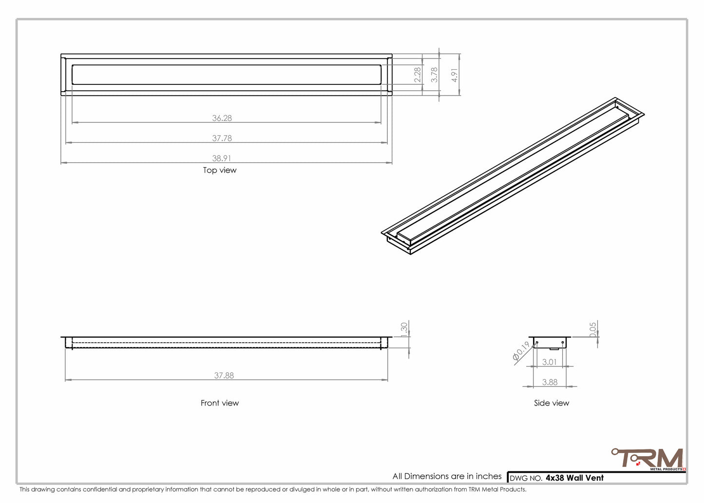 4x38 - Wall Vent - Modern Vent Cover -  Return Air Vent - TRM Metal (38x4)