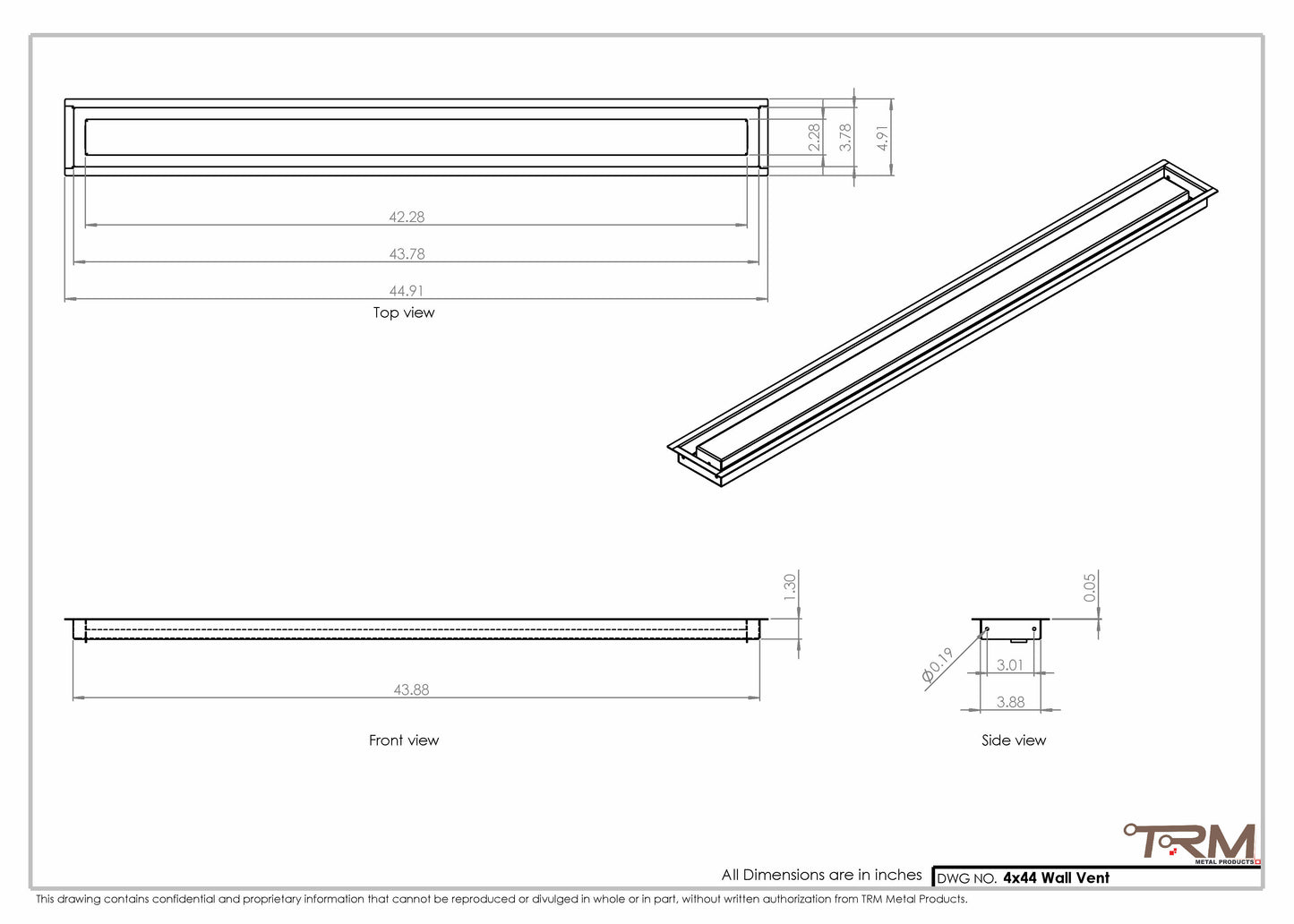 4x44 - Wall Vent - Modern Vent Cover -  Return Air Vent - TRM Metal (44x4)