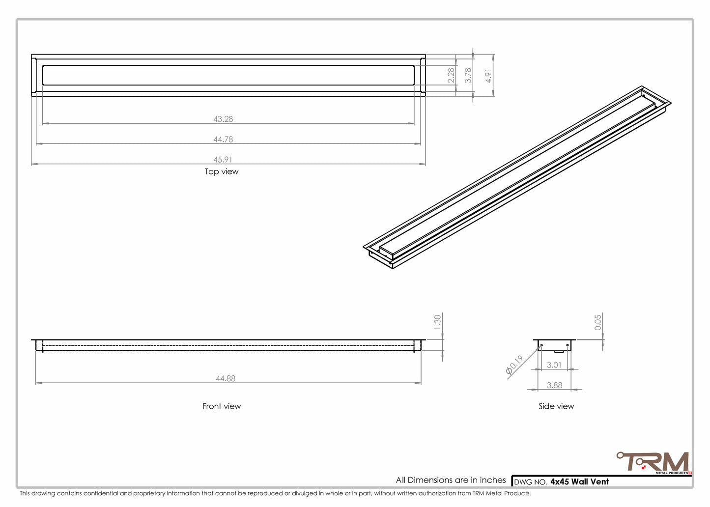 4x45 - Wall Vent - Modern Vent Cover -  Return Air Vent - TRM Metal (45x4)