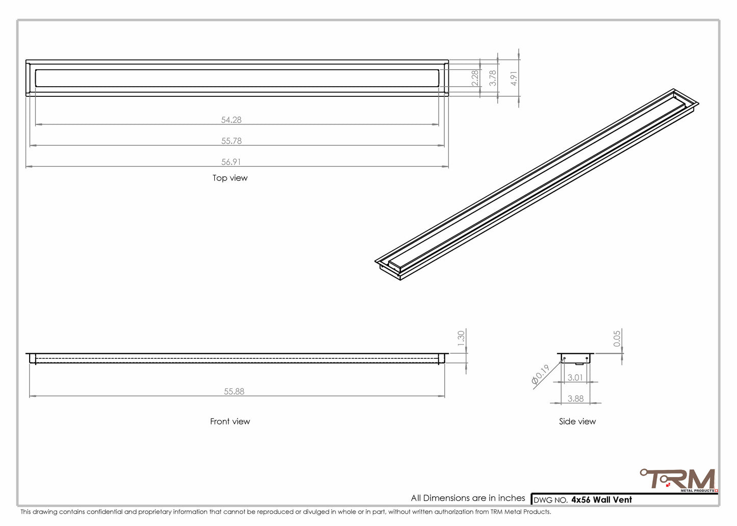 4x56 - Wall Vent - Modern Vent Cover -  Return Air Vent - TRM Metal (56x4)