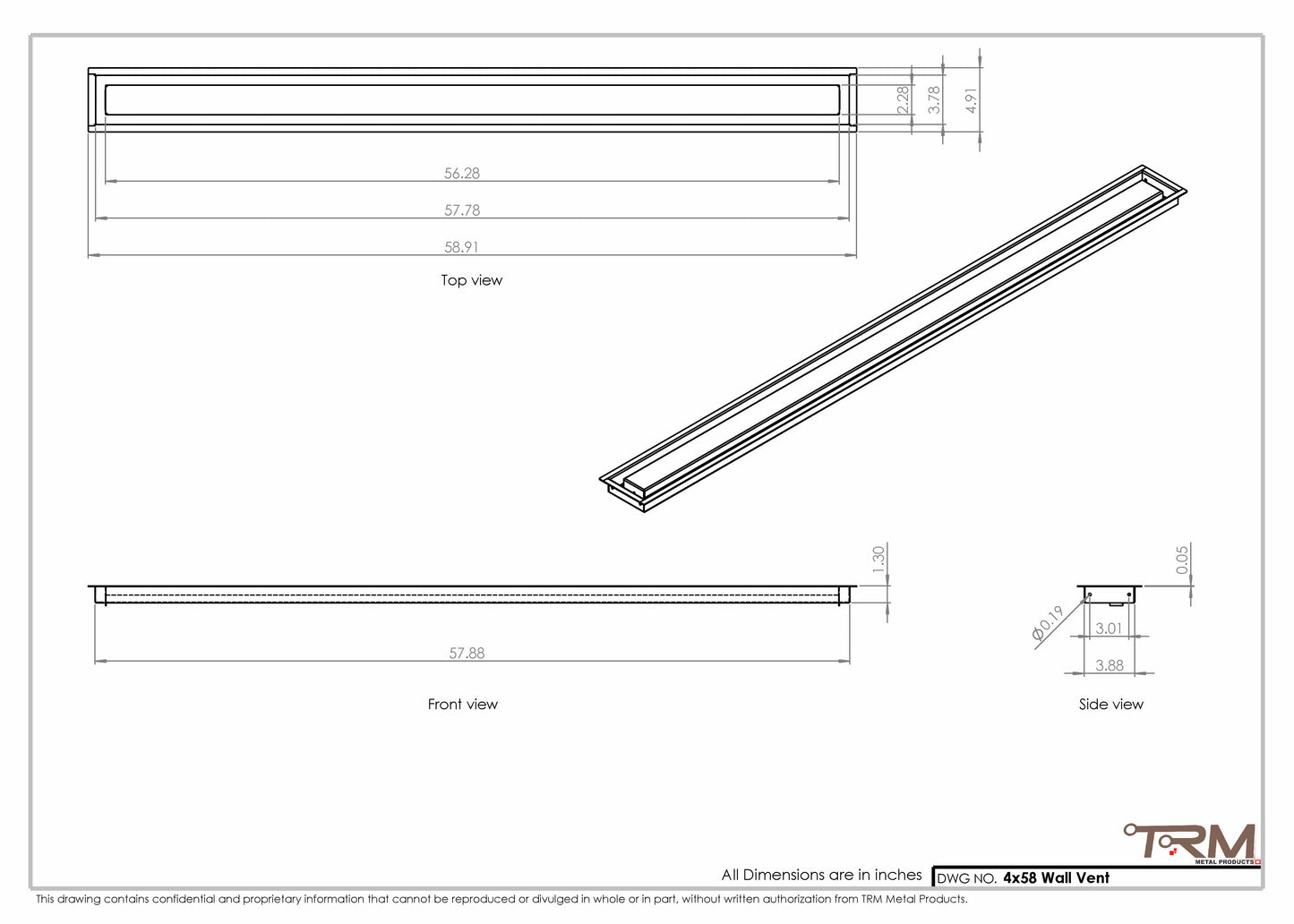4x58 - Wall Vent - Modern Vent Cover -  Return Air Vent - TRM Metal (58x4)