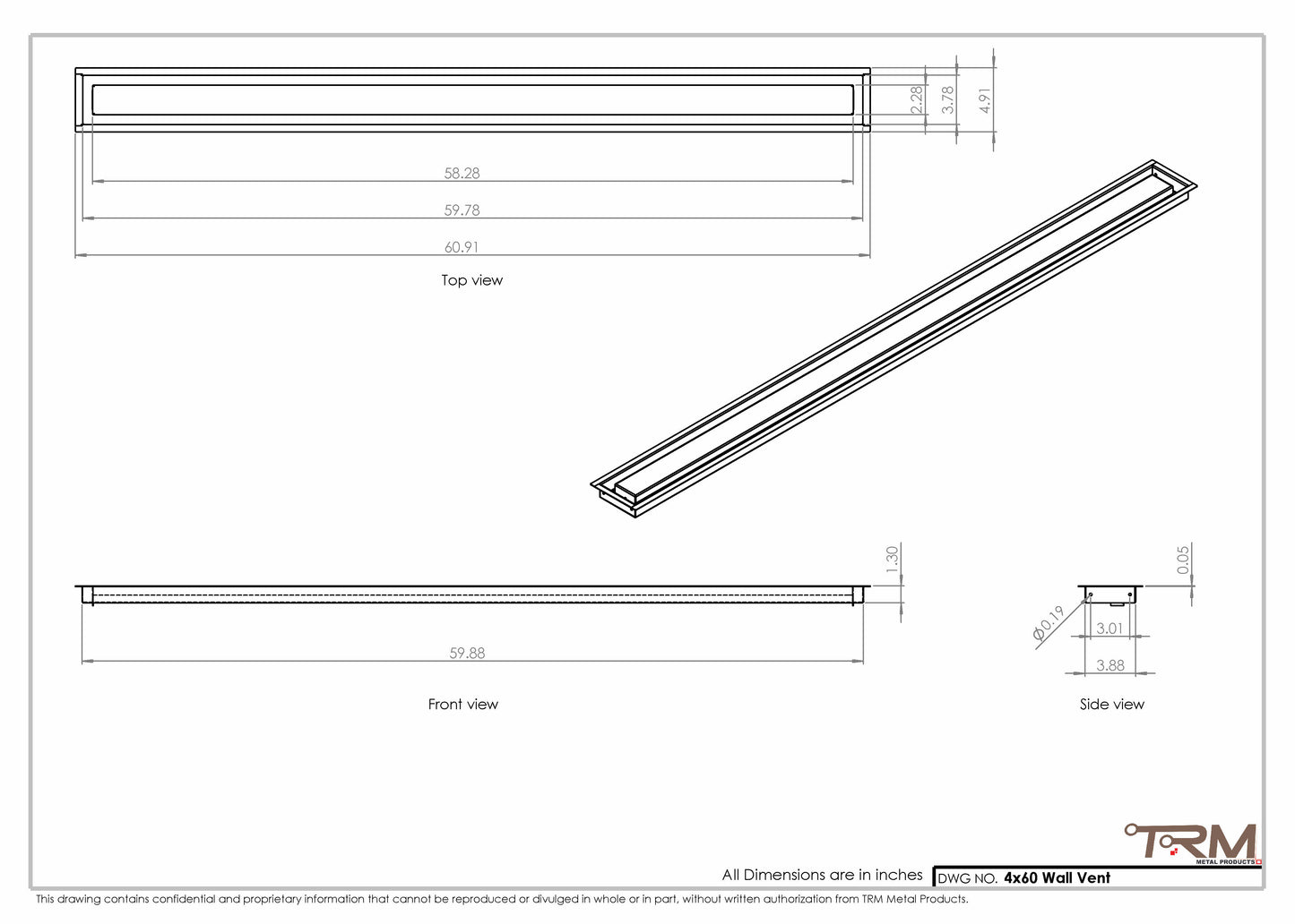 4x60 - Wall Vent - Modern Vent Cover -  Return Air Vent - TRM Metal (60x4)