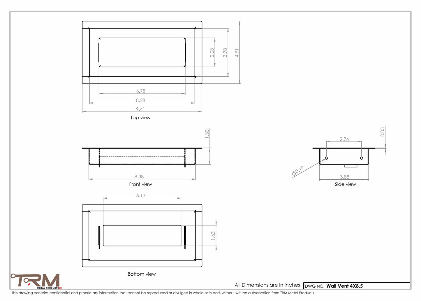 4x8.5 - Wall Vent - Modern Vent Cover -  Return Air Vent - TRM Metal  8.5x4