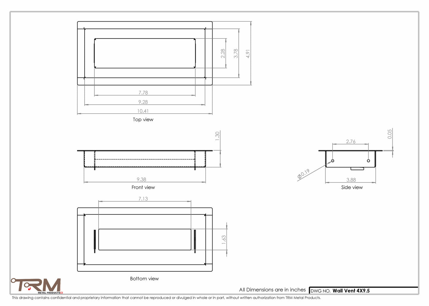 4x9.5 - Wall Vent - Modern Vent Cover -  Return Air Vent - TRM Metal  9.5x4