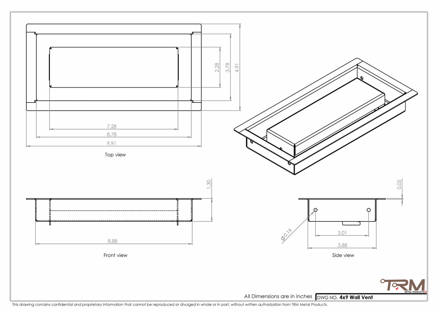 4x9 - Wall Vent - Modern Vent Cover -  Return Air Vent - TRM Metal (9x4)