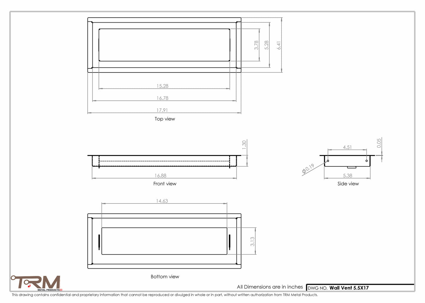 5.5x17 - Wall Vent - Modern Vent Cover -  Return Air Vent - TRM Metal  17x5.5