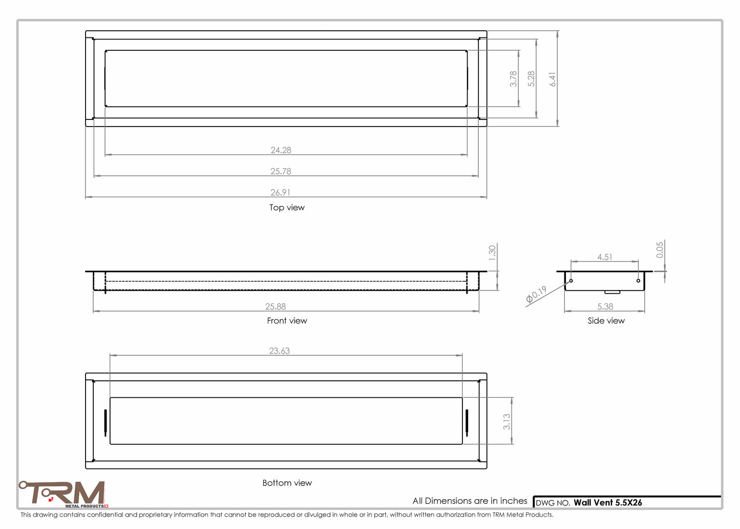 5.5x26 - Wall Vent - Modern Vent Cover -  Return Air Vent - TRM Metal  26x5.5