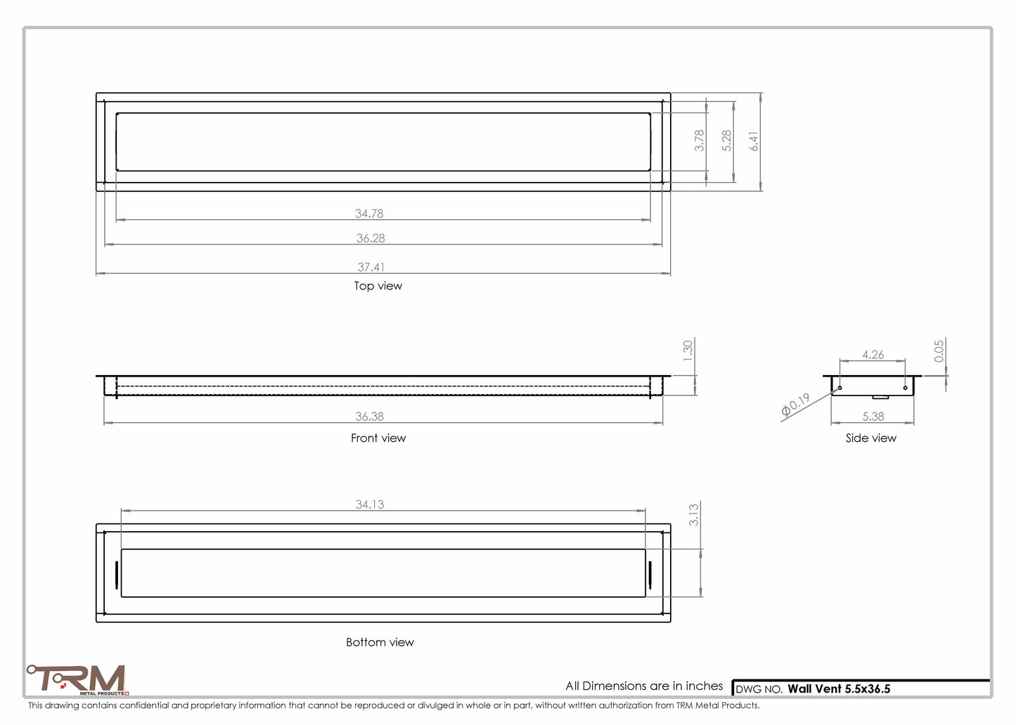 5.5x36.5 - Wall Vent - Modern Vent Cover -  Return Air Vent - TRM Metal  36.5x5.5