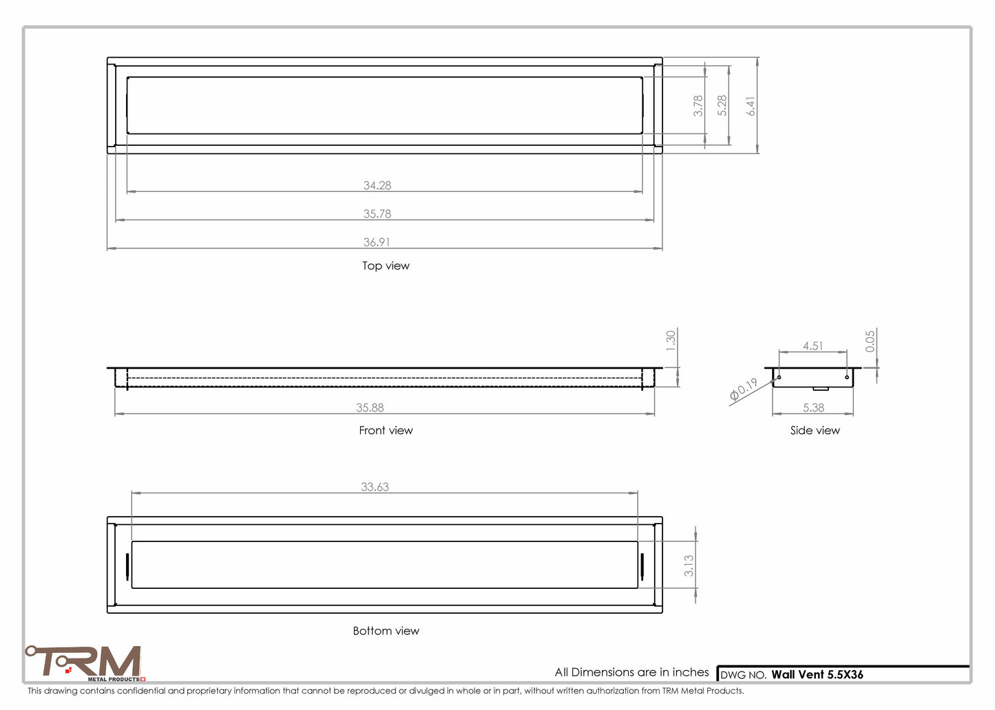 5.5x36 - Wall Vent - Modern Vent Cover -  Return Air Vent - TRM Metal  36x5.5