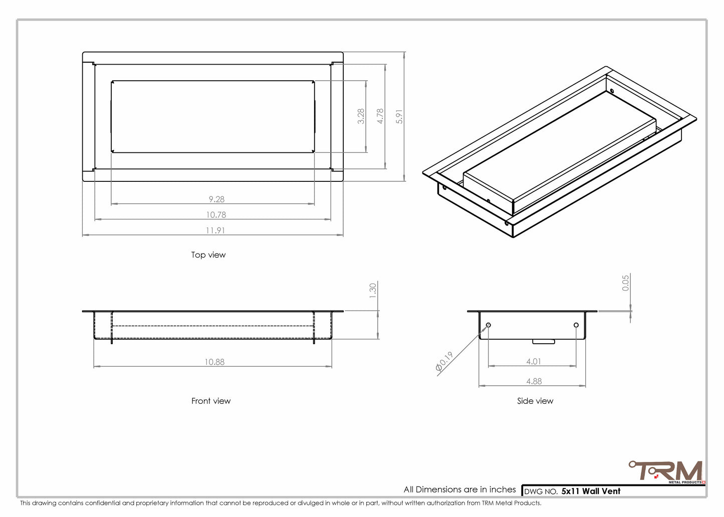 5x11 - Wall Vent - Modern Vent Cover -  Return Air Vent - TRM Metal  11x5