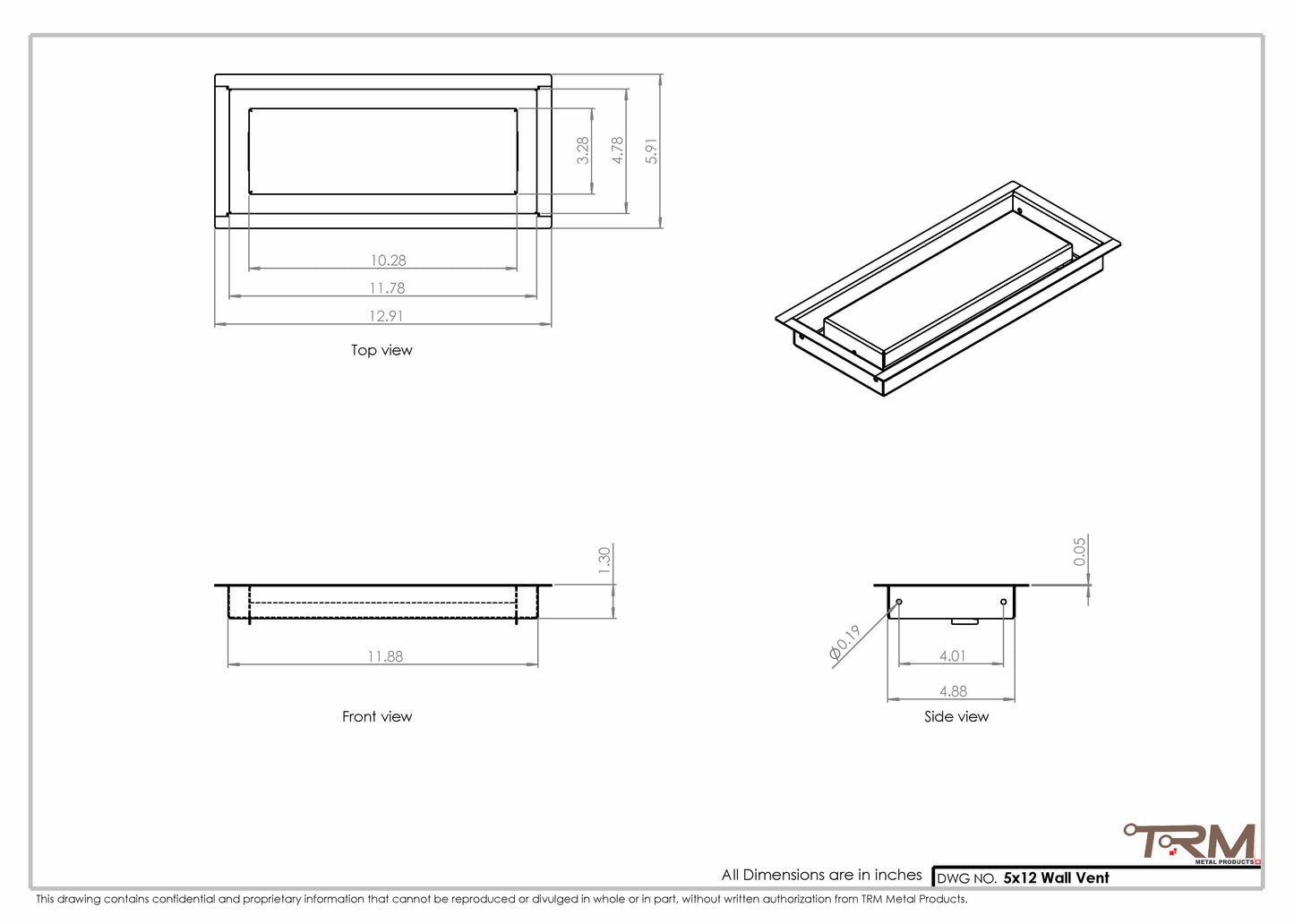 5x12 - Wall Vent - Modern Vent Cover -  Return Air Vent - TRM Metal  12x5