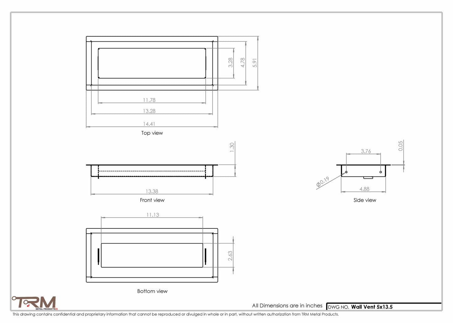 5x13.5 - Wall Vent - Modern Vent Cover -  Return Air Vent - TRM Metal  13.5x5