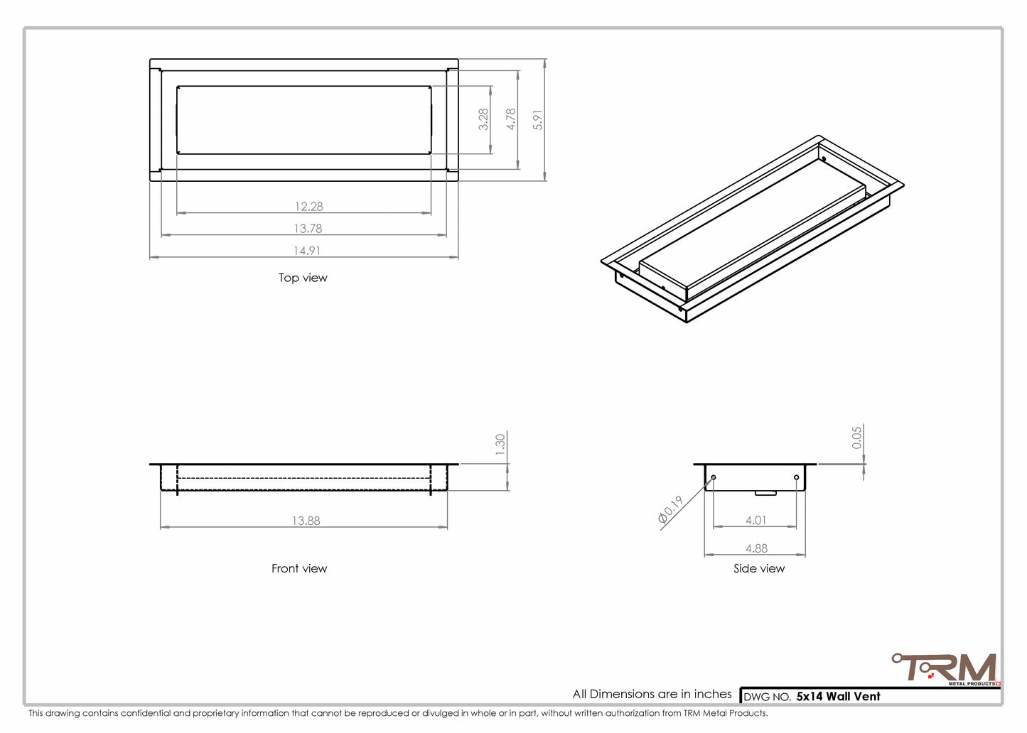 5x14 - Wall Vent - Modern Vent Cover -  Return Air Vent - TRM Metal  14x5