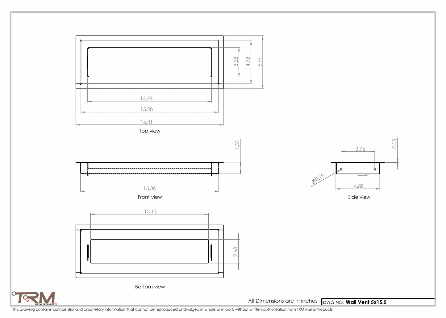 5x15.5 - Wall Vent - Modern Vent Cover -  Return Air Vent - TRM Metal  15.5x5