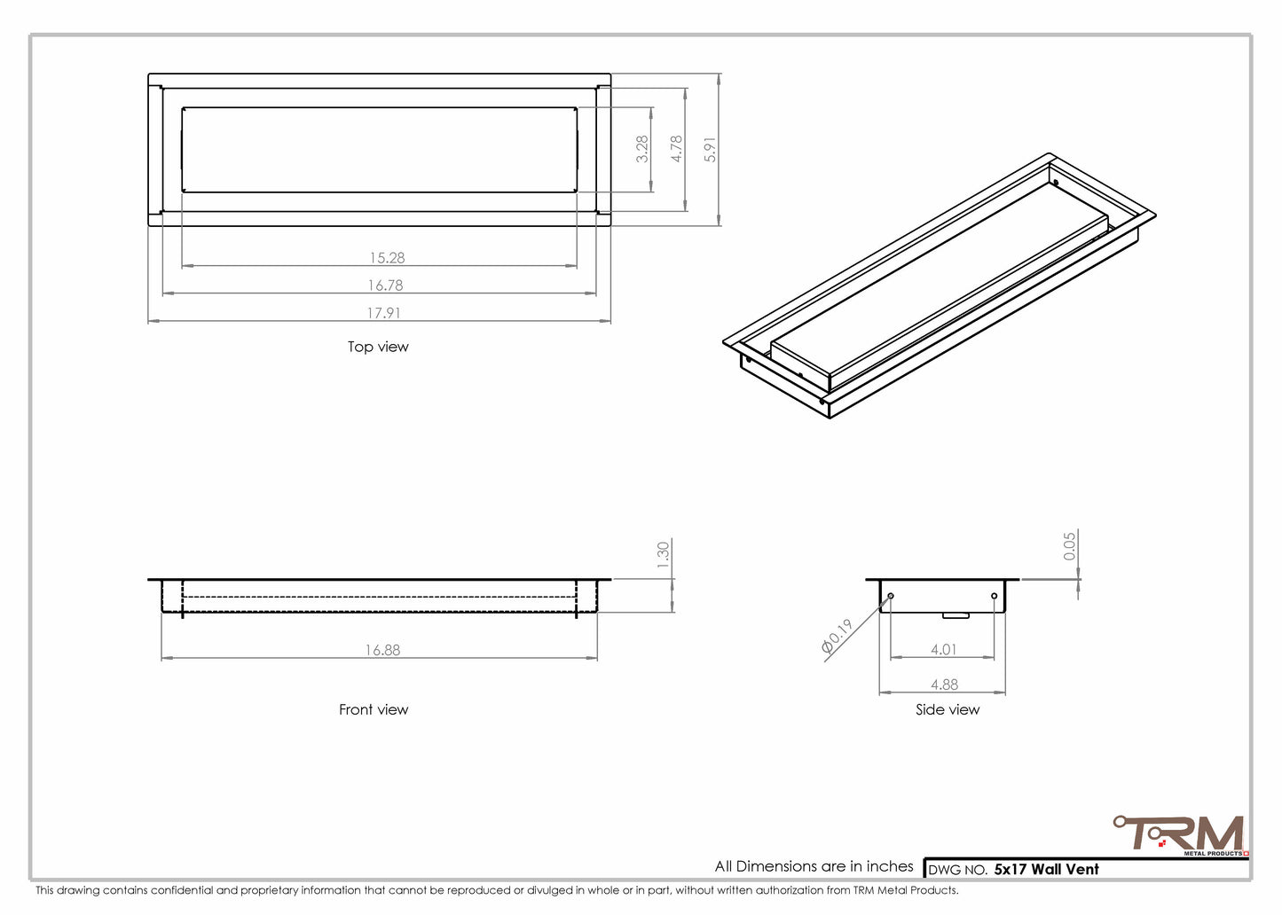 5x17 - Wall Vent - Modern Vent Cover -  Return Air Vent - TRM Metal  17x5