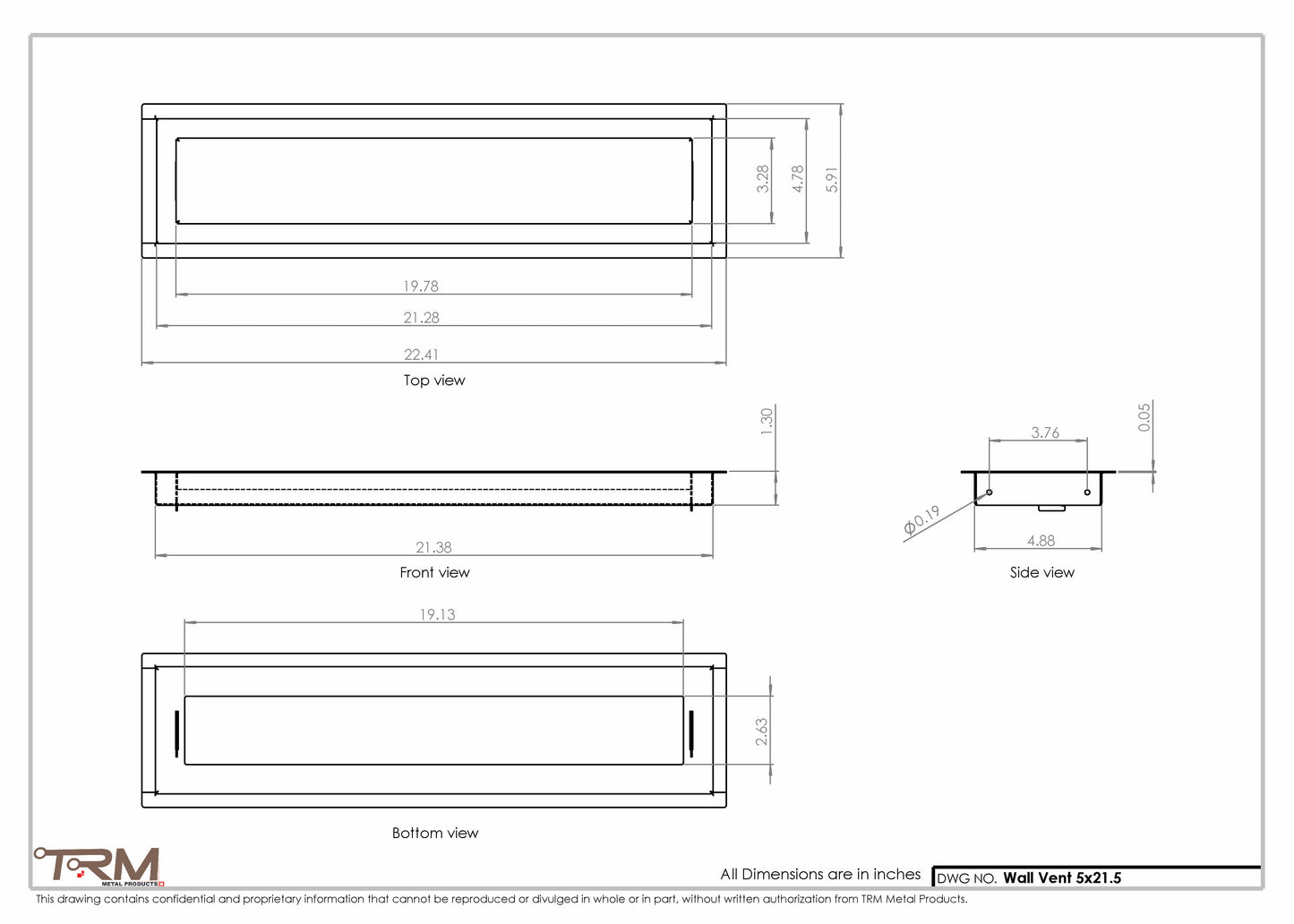 5x21.5 - Wall Vent - Modern Vent Cover -  Return Air Vent - TRM Metal  21.5x5