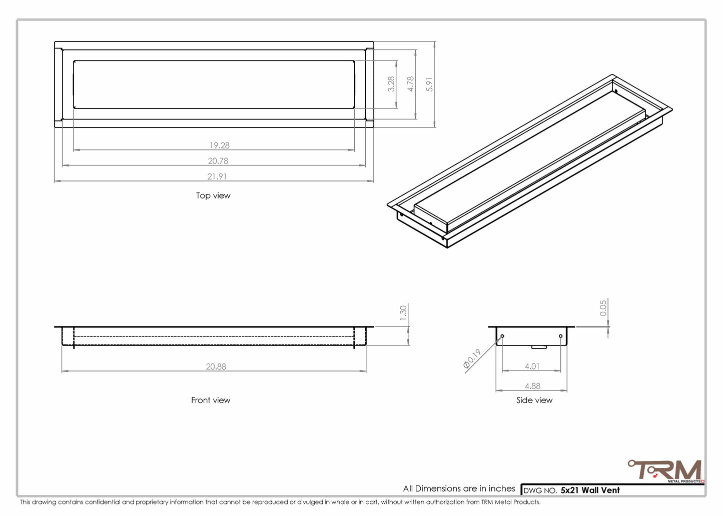 5x21 - Wall Vent - Modern Vent Cover -  Return Air Vent - TRM Metal  21x5
