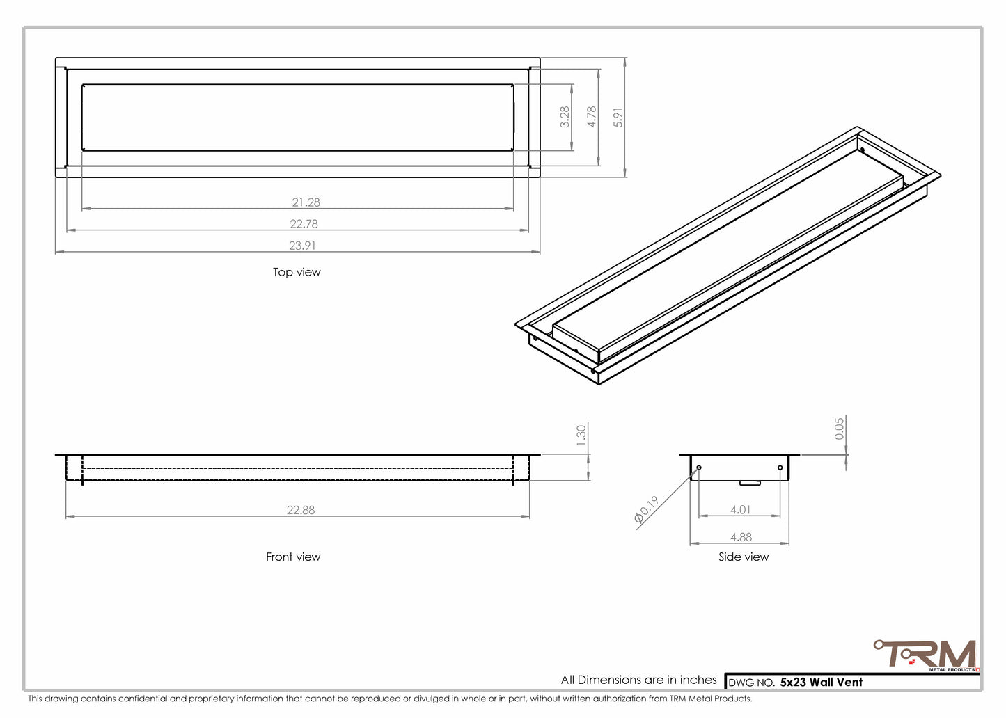 5x23 - Wall Vent - Modern Vent Cover -  Return Air Vent - TRM Metal  23x5