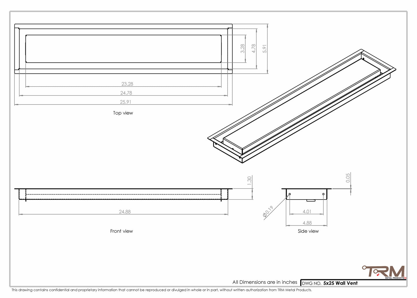 5x25 - Wall Vent - Modern Vent Cover -  Return Air Vent - TRM Metal  25x5
