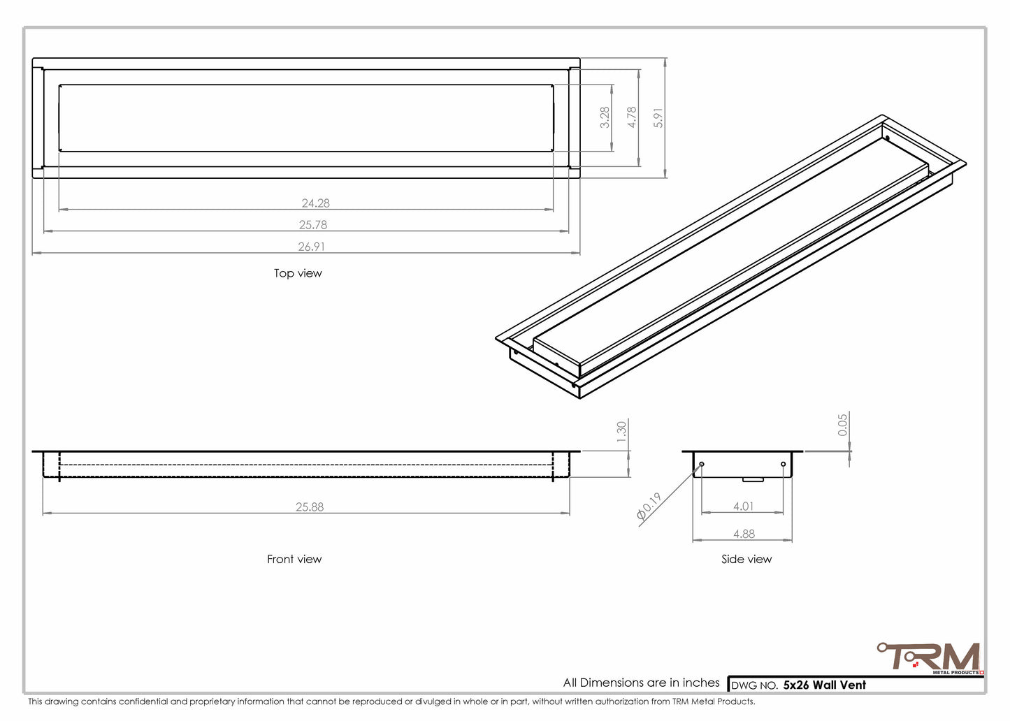 5x26 - Wall Vent - Modern Vent Cover -  Return Air Vent - TRM Metal  26x5