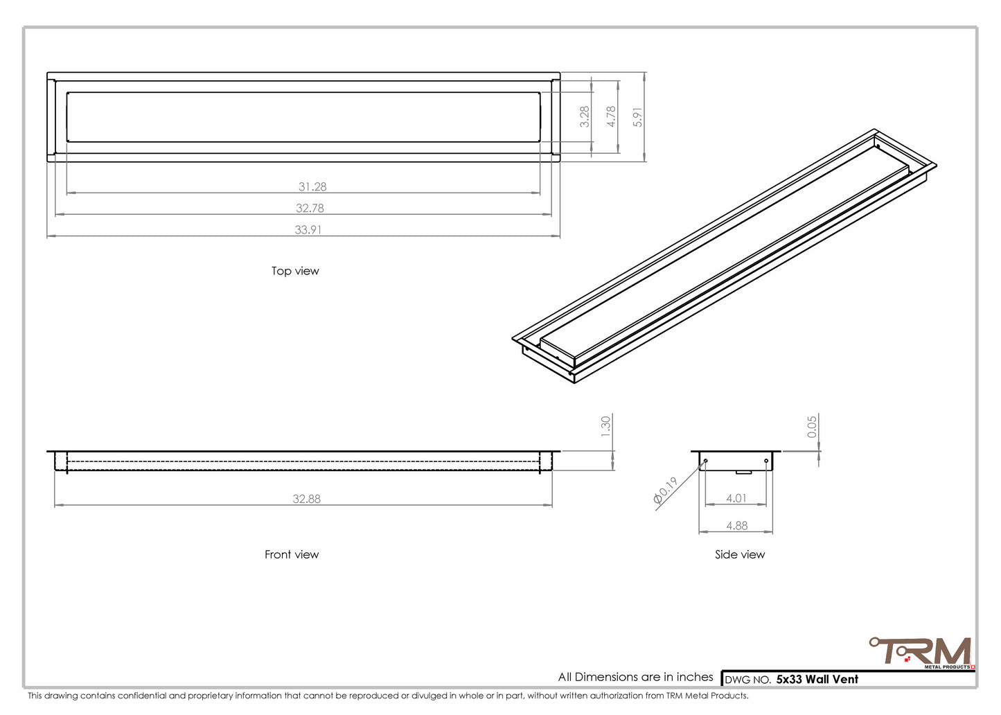 5x33 - Wall Vent - Modern Vent Cover -  Return Air Vent - TRM Metal  33x5