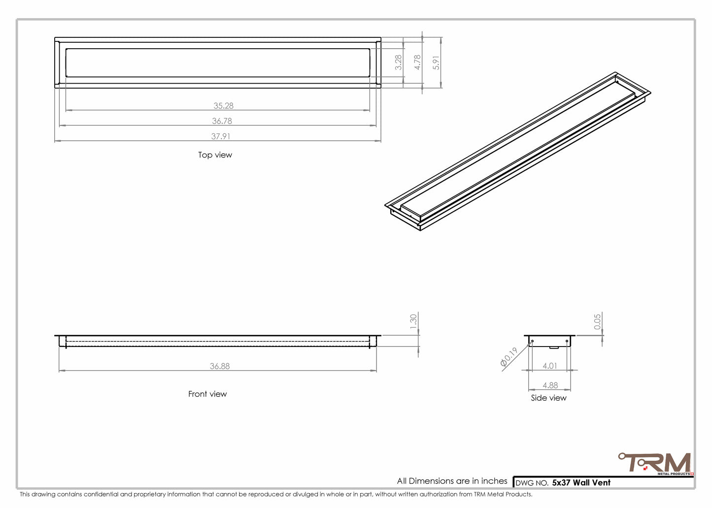 5x37 - Wall Vent - Modern Vent Cover -  Return Air Vent - TRM Metal  37x5