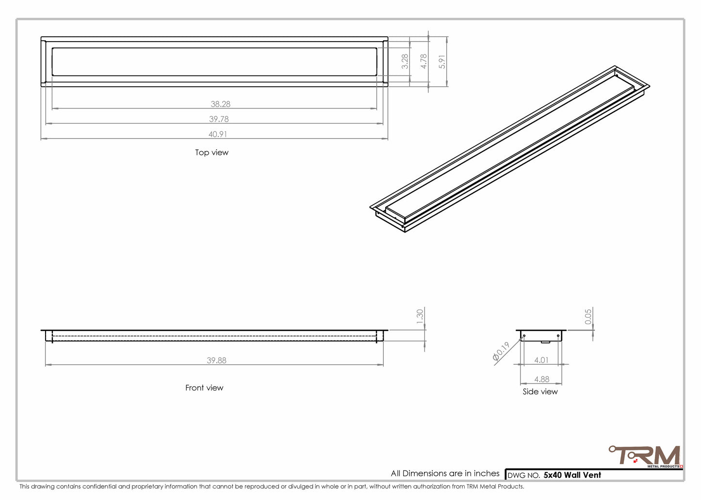 5x40 - Wall Vent - Modern Vent Cover -  Return Air Vent - TRM Metal  40x5
