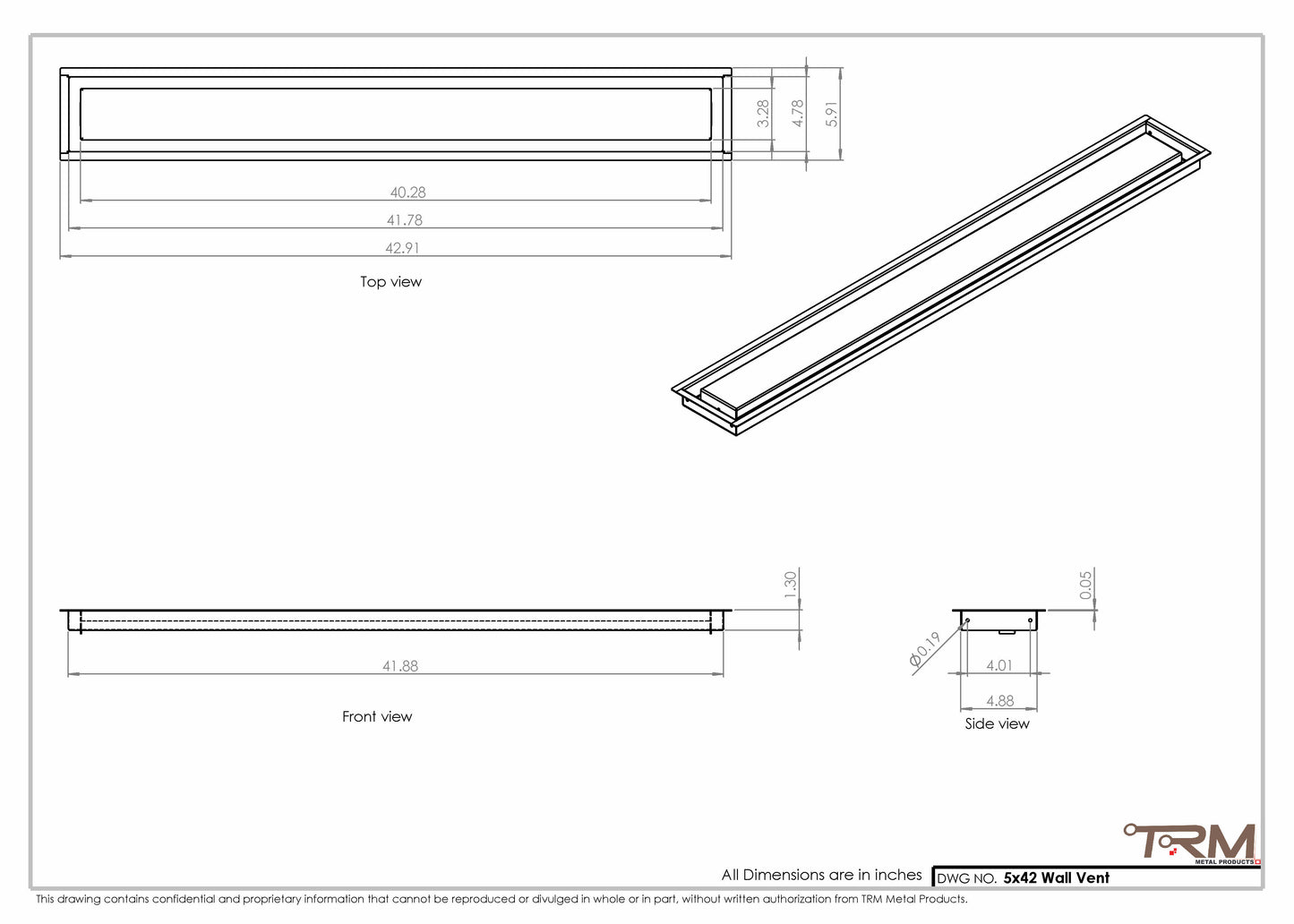5x42 - Wall Vent - Modern Vent Cover -  Return Air Vent - TRM Metal  42x5