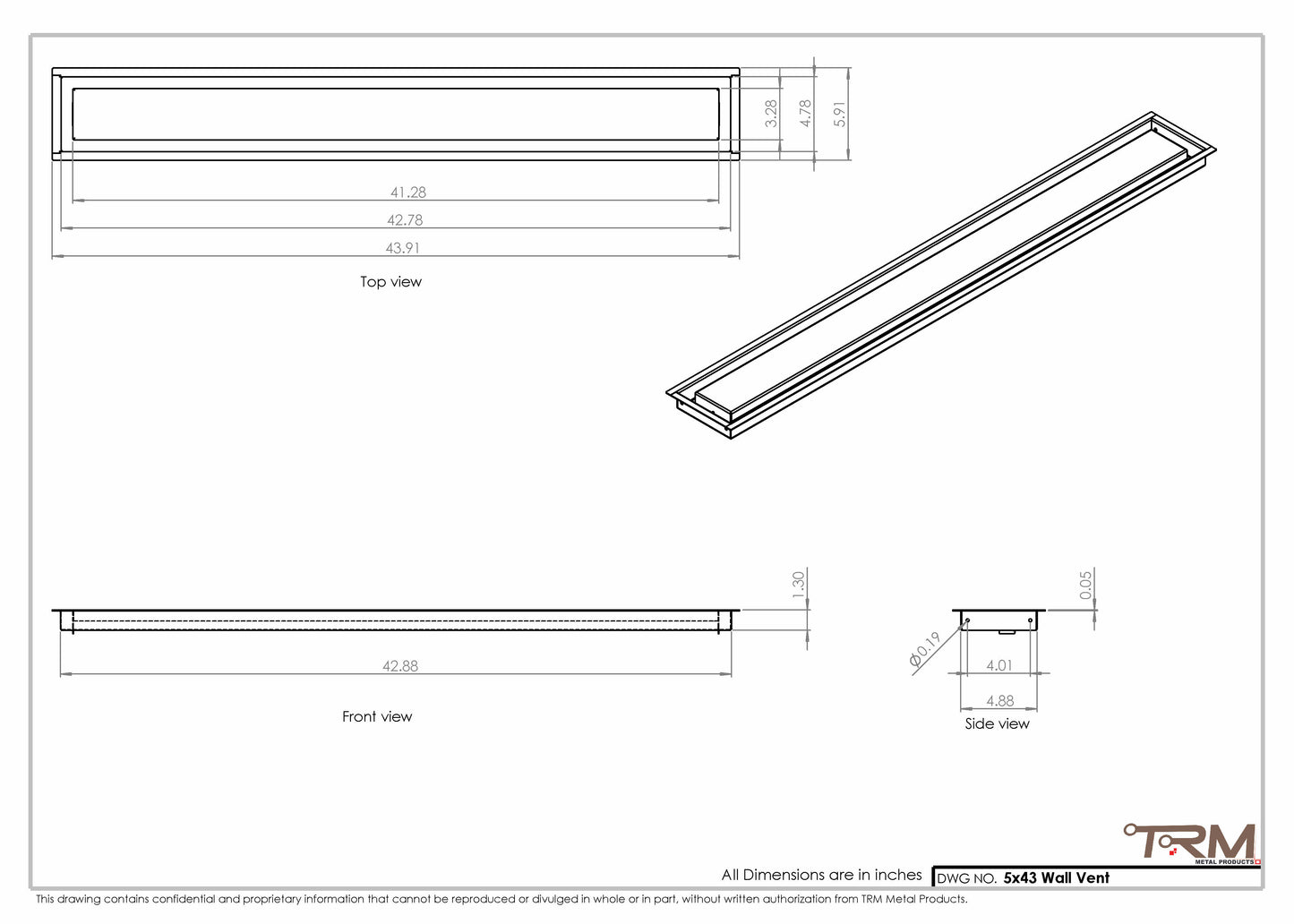 5x43 - Wall Vent - Modern Vent Cover -  Return Air Vent - TRM Metal  43x5
