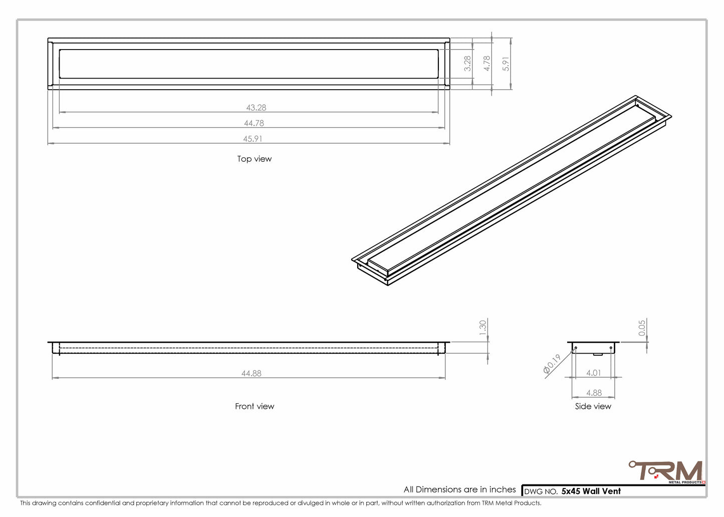5x45 - Wall Vent - Modern Vent Cover -  Return Air Vent - TRM Metal  45x5