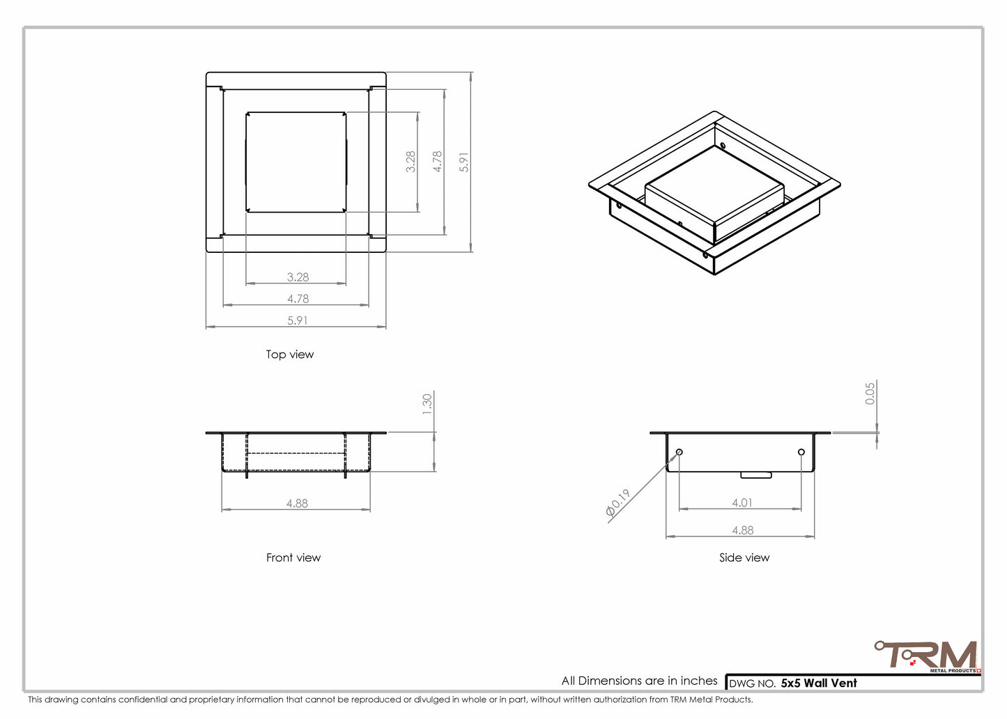 5x5 - Wall Vent - Modern Vent Cover -  Return Air Vent - TRM Metal  5x5