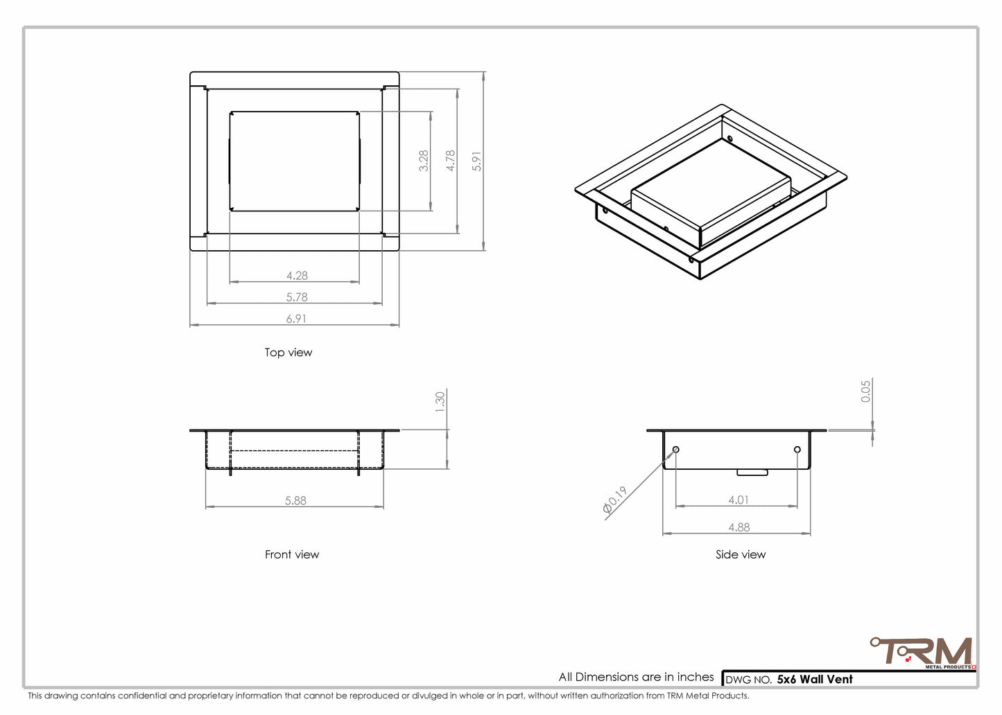 5x6 - Wall Vent - Modern Vent Cover -  Return Air Vent - TRM Metal  6x5